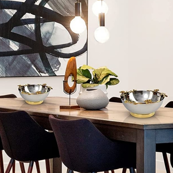 Decorative Polished Stainless Steel Bowl with Brass Orchid Stem on Edges NEW - Picture 4 of 7